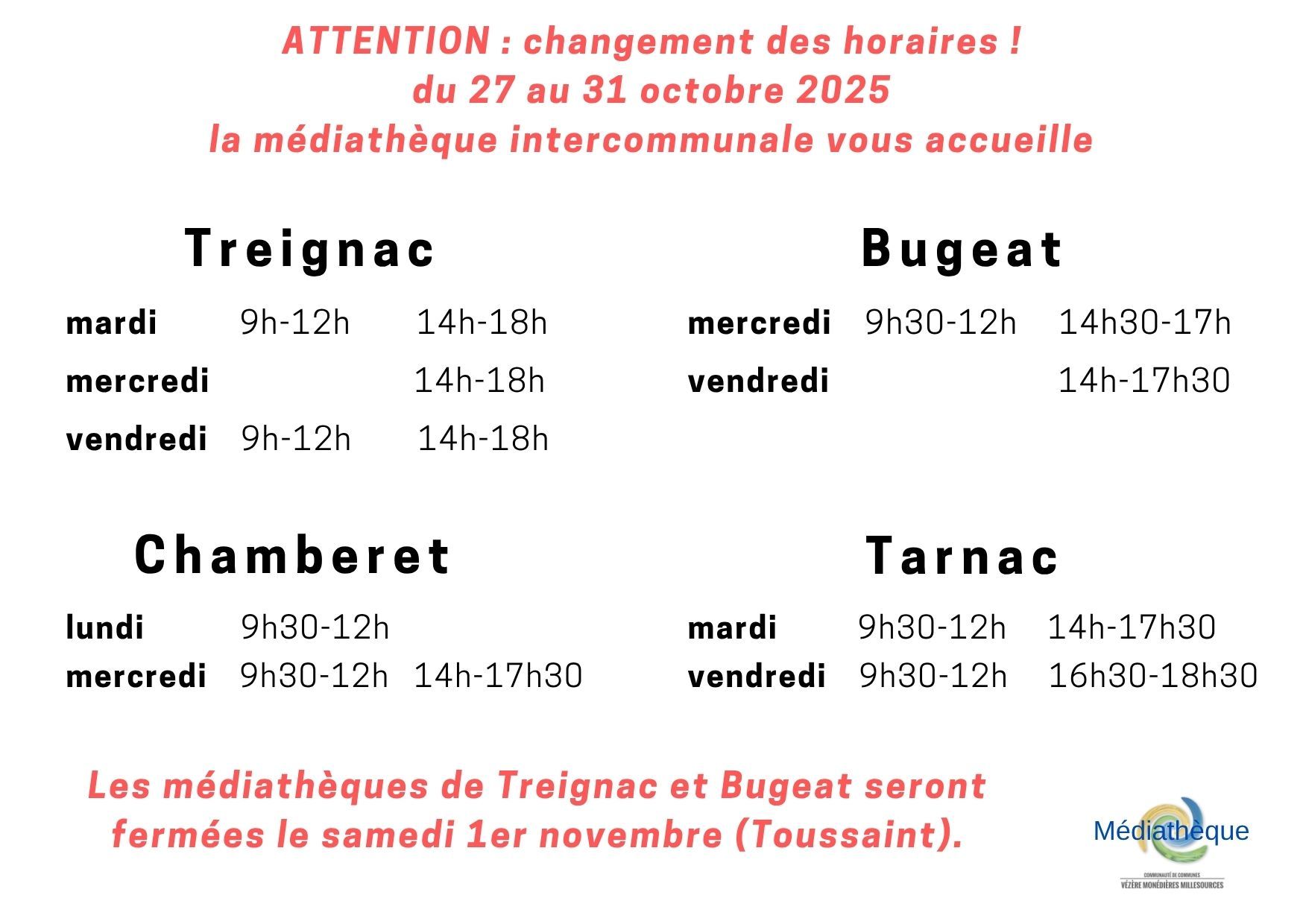 Horaires Toussaint